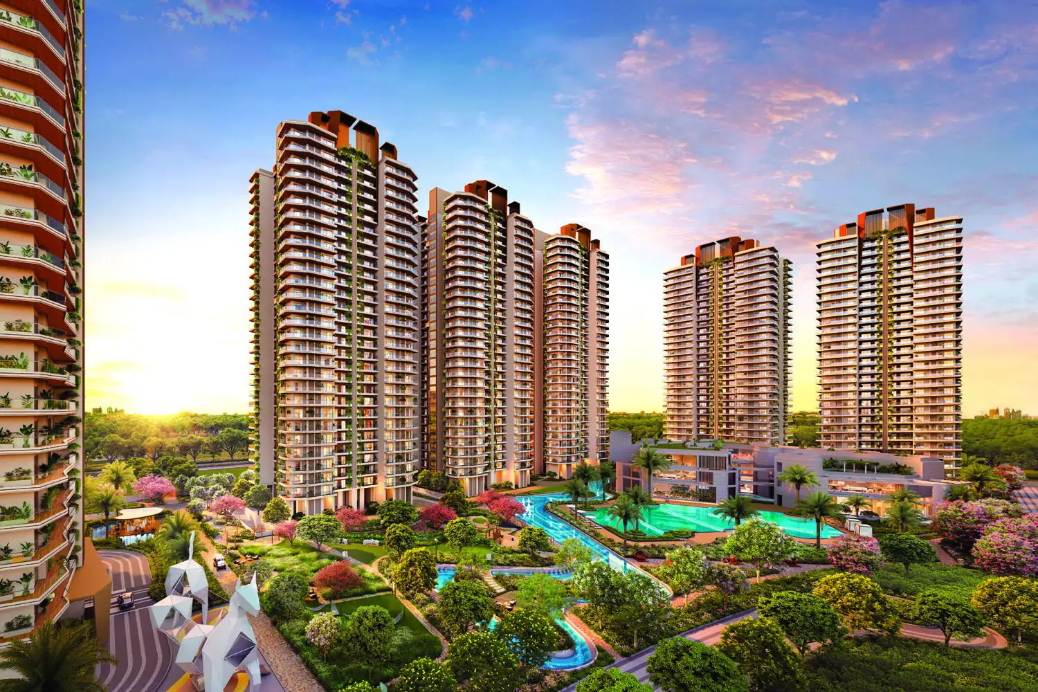 Aerial view of Cocoa County towers, water courts and landscaped greens, Sector 88A Gurugram
