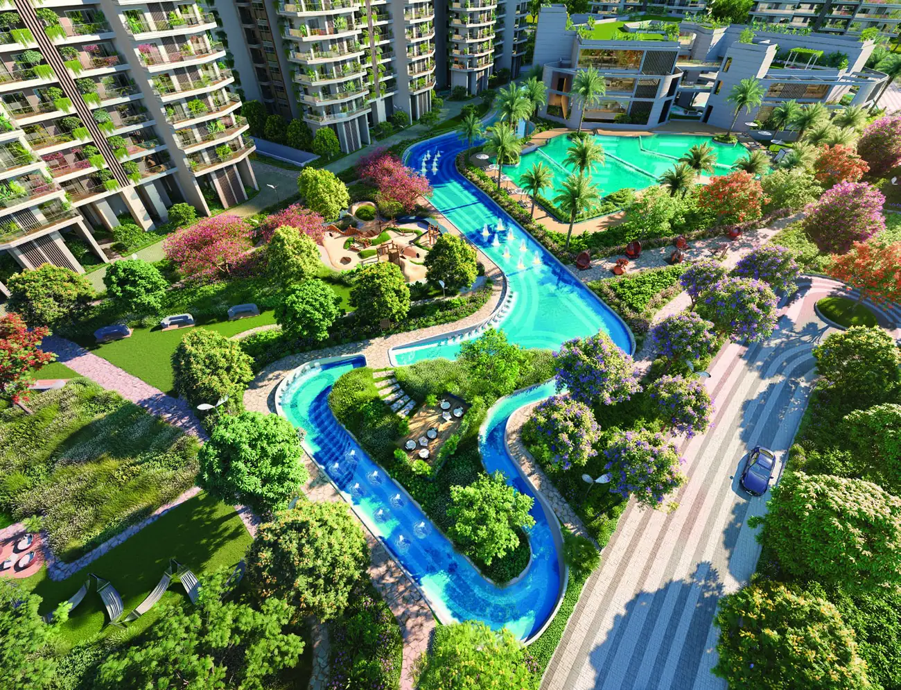 Water courts and landscaped gardens