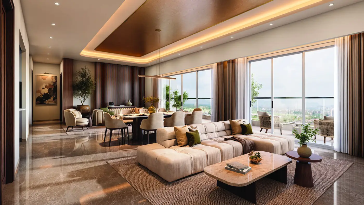 Living and dining room with marble flooring