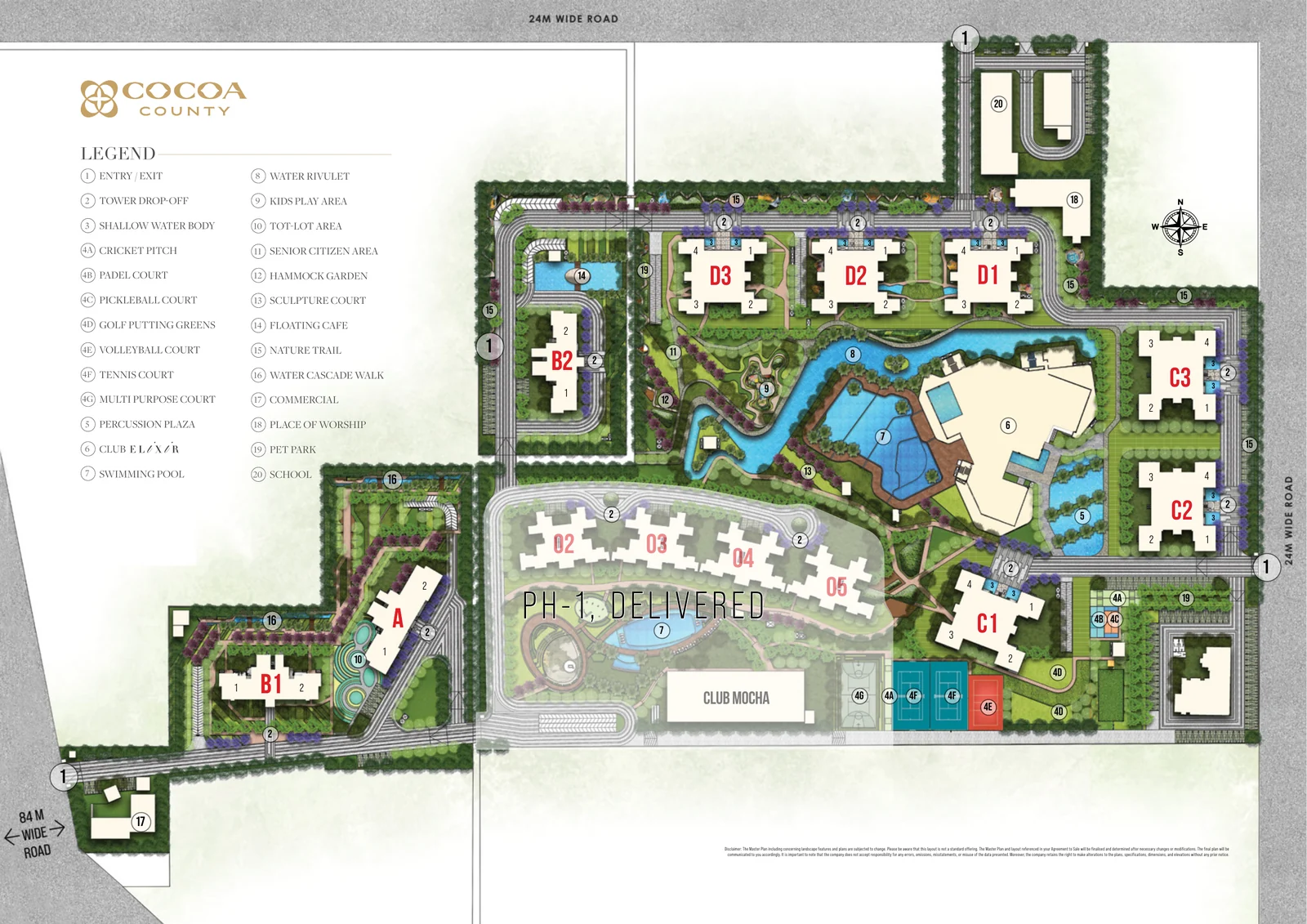 Cocoa County master plan showing towers, Club Elixir and landscaped areas